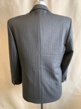 Mens, 1980s Vintage, Formal Jacket, DENNIS KIM MTO, Gray, Black, Wool, Herringbone, 42R, 1980s Repro, Notched Lapel, Single Breasted, Button Front, 3 Pockets