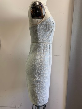 Womens, Dress, Sleeveless, SACHIN & BABI, Champagne, Ice Blue, Metallic, Poly/Cotton, Nylon, Abstract , 0, Sheer Cutouts on Neckline, Bodycon Tight Fitted Dress, Above Knee, Zipper Attached at Center Back