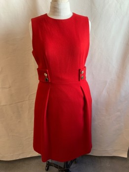 Womens, Dress, Sleeveless, ANNE KLEIN, Red, Polyester, Viscose, Solid, 14, Red Diagonal Self Stripes, Sleeveless, Crew Neck, Zip Back, 4 Gold Buttons at Waist, Pleated Skirt