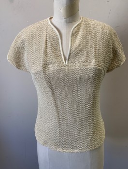 KORET OF CALIFORNIA, Beige, Cream, Cotton, 2 Color Weave, Top, Bumpy Textured Material, Cap Sleeves, V-neck, Pull Over, Yoke Seam Across Upper Chest,