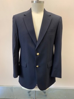 Mens, Sportcoat/Blazer, JOS A BANK, Navy Blue, Wool, 42L, Notched Lapel, Single Breasted, Button Front, Gold Buttons, 3 Pockets