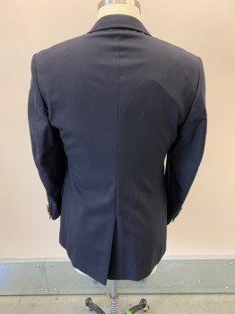 Mens, Sportcoat/Blazer, JOS A BANK, Navy Blue, Wool, 42L, Notched Lapel, Single Breasted, Button Front, Gold Buttons, 3 Pockets