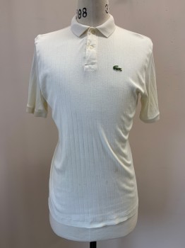 LACOSTE IZOD, Cream, Cotton, Solid, Micro Pointelle Knit, S/S, CA, 2 Buttons,