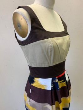 Womens, Dress, Sleeveless, MAX AND CLEO, Brown, Beige, Yellow, Navy Blue, Cotton, Native American/Southwestern , Color Blocking, Sz.4, 1" Straps, Rounded Square Neck, 4 Pleats at Waist, Fitted Through Hips, Hem Above Knee, Invisible Zipper in Back