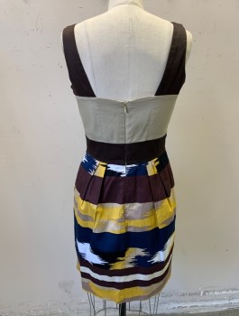 Womens, Dress, Sleeveless, MAX AND CLEO, Brown, Beige, Yellow, Navy Blue, Cotton, Native American/Southwestern , Color Blocking, Sz.4, 1" Straps, Rounded Square Neck, 4 Pleats at Waist, Fitted Through Hips, Hem Above Knee, Invisible Zipper in Back