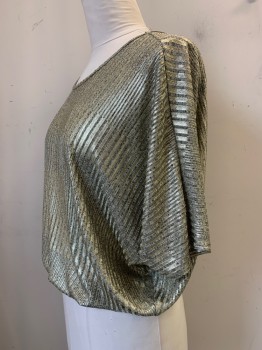 Womens, Shirt, ESPRESSO, Gold, Champagne, Polyester, Speckled, Stripes, L, S/S, Round Neck, Elastic Waist Band