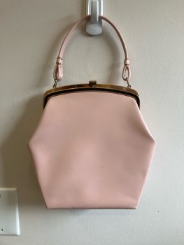 Womens, Purse, NL, OS, Pink Hexagon Shaped Leather Handbag, Gold Clam Shell Opening, 1 Hand Strap