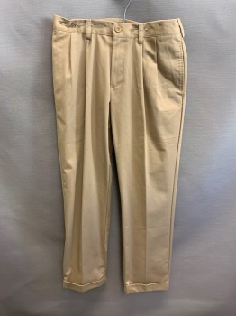 Mens, Casual Pants, IZOD, Khaki Brown, Cotton, 30/32, Side Pockets, Zip Front, Pleated Front, 2 Welt Pockets, Cuffed