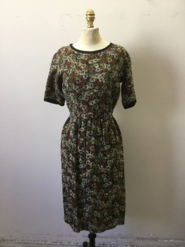 Womens, 1950s Vintage, Dress, NL, Cream, Brown, Lime Green, Gray, Black, Cotton, Floral, W26, B34, H32, Pansy Printed Homespun Cotton. Black Trim at Crew Neck and Short Sleeve Trim. Skirt Pleated to Waist. Zipper Center Back. Darted Waist with Matching Self Belt
