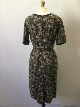 Womens, 1950s Vintage, Dress, NL, Cream, Brown, Lime Green, Gray, Black, Cotton, Floral, W26, B34, H32, Pansy Printed Homespun Cotton. Black Trim at Crew Neck and Short Sleeve Trim. Skirt Pleated to Waist. Zipper Center Back. Darted Waist with Matching Self Belt