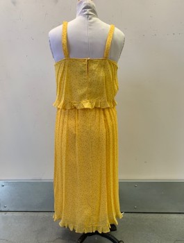Womens, 1980s Vintage, Dress, ALBERT NIPPON, Yellow, Multi-color, Polyester, Dots, W:28, B:34, Sheer Gauze, 3/4" Wide Straps, Ruffle at Bust and Hem, Knee Length, with Matching Half Slip (cf041215) and Belt (Noncoded)