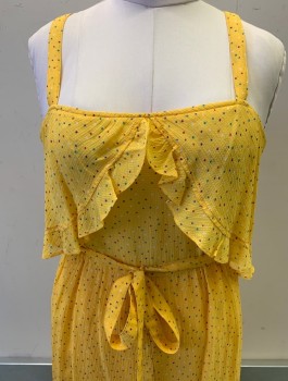 Womens, 1980s Vintage, Dress, ALBERT NIPPON, Yellow, Multi-color, Polyester, Dots, W:28, B:34, Sheer Gauze, 3/4" Wide Straps, Ruffle at Bust and Hem, Knee Length, with Matching Half Slip (cf041215) and Belt (Noncoded)