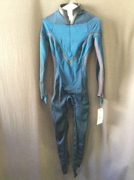 Womens, Sci-Fi/Fantasy Jumpsuit, MTO, Teal Blue, Black, Gray, Rubber, Spandex, Solid, Color Blocking, W24, B32, Long Sleeve Jumpsuit, Back Zipper, Front Neck Zip Placket, Rubber Stand Collar, Foot and Hand Stirrups, Ribbed Panels and Chevron Inserts. Petite Height