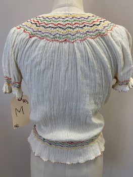 Womens, Top, IND. OVERSEAS TRADIN, Cream, Multi-color, Cotton, Solid, Zig-Zag , M, Wrinkled Gauze With Multi-colored Zig-zag Smocked Yoke, Cuffs & Waist, Lace Up V-N, S/S, 2 Side Snaps, Green Fringe On Laces, "Ind. Overseas Trading Corp."