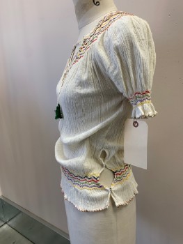 IND. OVERSEAS TRADIN, Cream, Multi-color, Cotton, Solid, Zig-Zag , Wrinkled Gauze With Multi-colored Zig-zag Smocked Yoke, Cuffs & Waist, Lace Up V-N, S/S, 2 Side Snaps, Green Fringe On Laces, "Ind. Overseas Trading Corp."