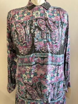 Womens, 1980s Vintage, Top, CAROLE LITTLE, B36, 14, Black with Off White Seafoam Purple & Pink Floral Paisley, L/S, Pullover, Btn. Placket W. C.A., Rayon
