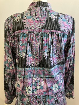 Womens, 1980s Vintage, Top, CAROLE LITTLE, B36, 14, Black with Off White Seafoam Purple & Pink Floral Paisley, L/S, Pullover, Btn. Placket W. C.A., Rayon