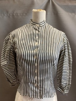 Womens, Blouse 1890s-1910s, MTO, Black, White, Synthetic, Stripes - Horizontal , B:32, Collar Band, B.F., L/S, Horizontal Stripe On Sleeves