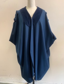 Womens, Cape 1890s-1910s, N/L, Navy Blue, Wool, Solid, O/S, Felt with Velvet Trim, 2 Loops with Velvet Buttons at Shoulders, Open at Center Front with 1 Hook & Eye, Armholes at Sides, Mid Calf Length, Dark Purple Lining, Made To Order