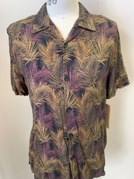 TOPMAN, Black, Lt Brown, Mauve Purple, Taupe, Rayon, Leaves/Vines , Palm Fronds, Short Sleeves, Button Front, Collar Attached,