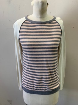 Womens, Top, BANANA REPUBLIC, Off White, Lt Gray, Lt Pink, Cotton, Viscose, Stripes - Horizontal , Color Blocking, XS, Long Sleeves, Knit, Crew Neck, Henley, Side Vents, Ribbed Cuffs and Waistband