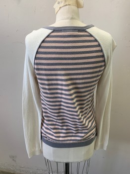 Womens, Top, BANANA REPUBLIC, Off White, Lt Gray, Lt Pink, Cotton, Viscose, Stripes - Horizontal , Color Blocking, XS, Long Sleeves, Knit, Crew Neck, Henley, Side Vents, Ribbed Cuffs and Waistband