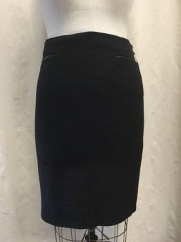 Womens, Skirt, Knee Length, M&S COLLECTION, Dk Purple, Black, Polyester, Viscose, Grid , W 34, 12, Navy, Black Grid, 2 Faux Pockets with Leather Trim Detail, Split Back