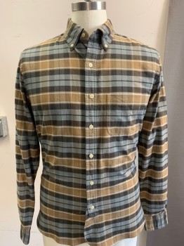 Mens, Casual Shirt, BROOKS BROTHERS, Coffee Brown, Gray, Dk Umber Brn, Mushroom-Gray, White, Cotton, Plaid, M, L/S, Button Down C.A., 7 Buttons, 1 Pocket, Gauntlet Buttons, Rounded Cuffs, Box Pleat Below Yoke