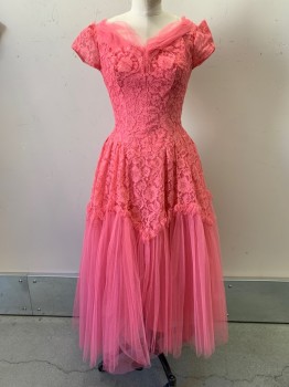 Womens, Evening Gown, NO LABEL, Hot Pink, Polyester, Floral, W26, B34, S/S, Tulle Sweetheart Neckline, Lace Detail, Ruffled Seam with Tulle Bottom, Back Zipper,