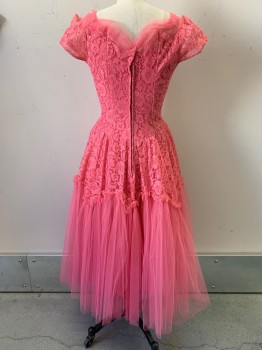 Womens, Evening Gown, NO LABEL, Hot Pink, Polyester, Floral, W26, B34, S/S, Tulle Sweetheart Neckline, Lace Detail, Ruffled Seam with Tulle Bottom, Back Zipper,