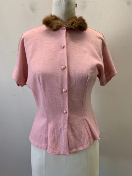 Womens, Sweater, ALICE STUART, Lt Pink, Brown, Wool, Fur, Solid, W26, B38, CARDIGAN, Small Brown Fur at C.A., S/S, Button Front, 2 Buttons at Each Cuff, Peplum Waist