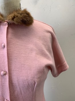 Womens, Sweater, ALICE STUART, Lt Pink, Brown, Wool, Fur, Solid, W26, B38, CARDIGAN, Small Brown Fur at C.A., S/S, Button Front, 2 Buttons at Each Cuff, Peplum Waist