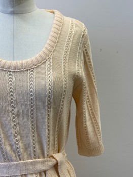 SCOTCH ENGLISH, Peach Orange, Acrylic, Cable Knit, Mid Sleeves, Wide Neck, With Matching Waist Belt
