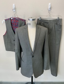 Mens, 1960s Vintage, Suit, Jacket, C&J, Gray, Wool, Birds Eye Weave, 38R, Single Button, Narrow Peak Lapel, Double Vent, 3 Pockets, Red ,Blue & Gold Paisley Lining