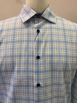 Mens, Casual Shirt, CON.STRUCT, Baby Blue, White, Blue, Black, Polyester, Spandex, Plaid, 34-35, 16.5, L/S, Button Front, Collar Attached,