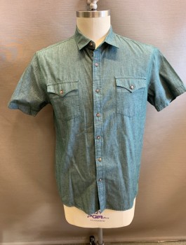 Mens, Casual Shirt, LEVI'S, Dusty Green, Gray, Cotton, 2 Color Weave, L, Short Sleeves, Button Front, Collar Attached, 2 Patch Pockets with Western Style Pointed Flaps
