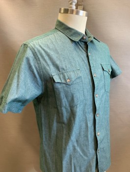 Mens, Casual Shirt, LEVI'S, Dusty Green, Gray, Cotton, 2 Color Weave, L, Short Sleeves, Button Front, Collar Attached, 2 Patch Pockets with Western Style Pointed Flaps