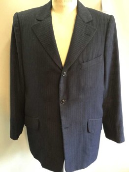 N/L, Navy Blue, Charcoal Gray, Lt Gray, Wool, Stripes - Pin, Single Breasted, 3 Buttons,  Notched Lapel, 3 Pockets, Small Repair Center Front Between Button Holes 1 & 2.,