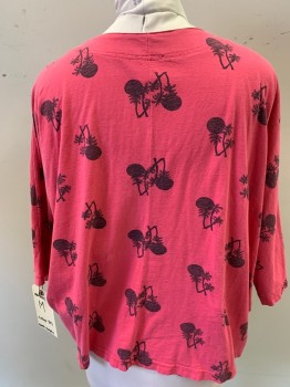EARTH ANGELS, Faded Red, Faded Black, Cotton, Tropical , Button Front, Dolman Sleeves, V-neck, 1 Pocket, Palm Trees & Sunsets,