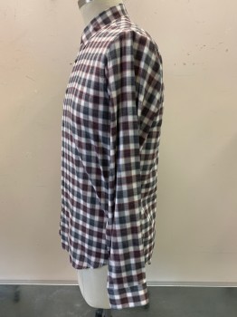 Mens, Casual Shirt, THEORY, Navy Blue, White, Red, Cotton, Plaid, L, L/S, Button Front, Collar Attached,