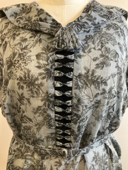 N/l, Gray Voile with Black Floral, V-N, Shawl Collar, Black Velvet Insert CF S/S, Side Zip, Belt Loops,