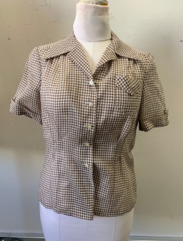 NL, White, Brown, Cotton, Gingham, C.A., Button Front, S/S, Cuffed, 1 Breast Pocket