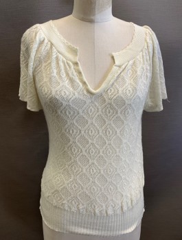 N/L, Cream, Acrylic, Diamonds, Patterned Knit, S/S, Round Neck With V Notch, Pullover