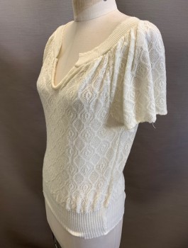 Womens, Sweater, N/L, Cream, Acrylic, Diamonds, S, B:34, Patterned Knit, S/S, Round Neck With V Notch, Pullover
