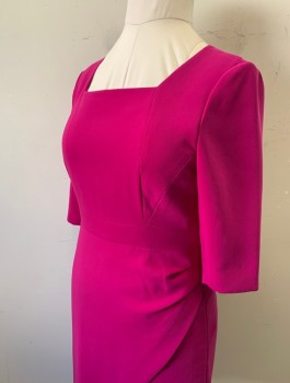 Womens, Dress, Long & 3/4 Sleeve, TAHARI, Magenta Pink, Polyester, Elastane, Solid, B36, Sz.8P, W29, 3/4 Sleeves, Square Neck, 1.5" Wide Self Waistband, Pleated Detail at Side Hip, Wrapped Front Hem, Knee Length, Invisible Zipper in Back