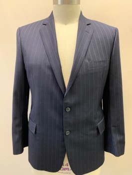 BROOKS BROTHERS, Navy Blue, White, Wool, Stripes - Vertical , Single Breasted, 2 Buttons,  Notched Lapel, Top Stitch, 3 Pockets, Double Pin Stripe