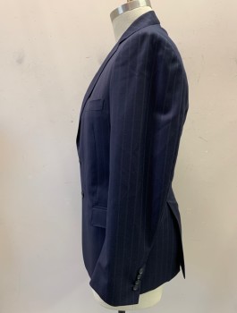 Mens, Suit, Jacket, BROOKS BROTHERS, Navy Blue, White, Wool, Stripes - Vertical , W37, 44R, Single Breasted, 2 Buttons,  Notched Lapel, Top Stitch, 3 Pockets, Double Pin Stripe