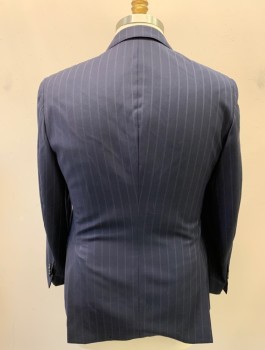BROOKS BROTHERS, Navy Blue, White, Wool, Stripes - Vertical , Single Breasted, 2 Buttons,  Notched Lapel, Top Stitch, 3 Pockets, Double Pin Stripe