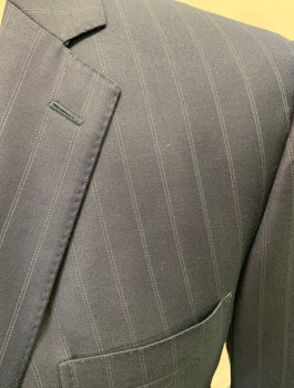 Mens, Suit, Jacket, BROOKS BROTHERS, Navy Blue, White, Wool, Stripes - Vertical , W37, 44R, Single Breasted, 2 Buttons,  Notched Lapel, Top Stitch, 3 Pockets, Double Pin Stripe