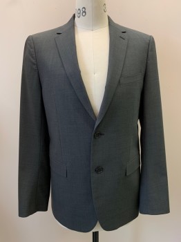 THEORY, Gray, Wool, Polyester, Solid, 2 Buttons, Single Breasted, Notched Lapel, 3 Pockets